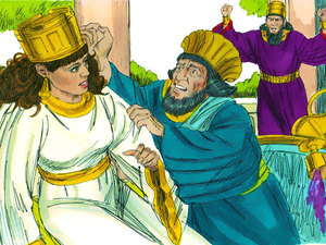 As soon as the King went out the doo, Haman quickly left his seat
and went over to Queen Esther begging for his life desperately