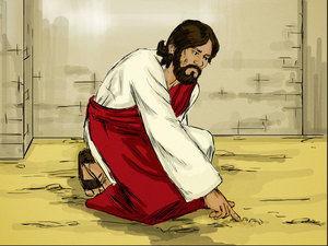 Jesus bent down and quietly began to write on the ground