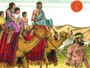 While Laban was out in the field shearing sheep Jacob set his wives and children
on camels and they formed a large caravan heading toward Jacobs old home in Canaan