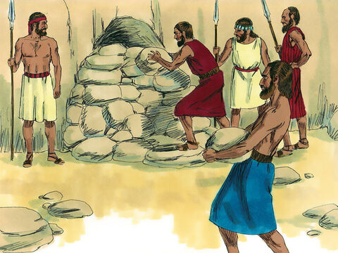 Joshua sent back word to trap the kings in the cave by blocking the entrance with big stones and setting up guards to keep watch while the rest of them continued pursuing enemy soldiers