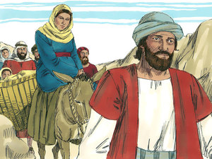 Mary and Joseph riding on a donkey