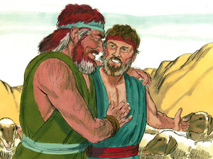 Esau was also running to meet Jacob and gave him a big bear hug, and kissed
him