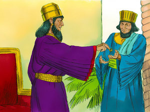 The King nodded and taking his signet ring off his finger handed
it to Haman