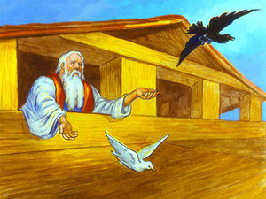 Raven and dove flying out of the ark