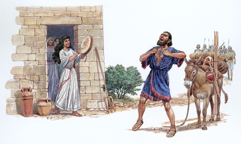 The daughter of Jephthah comes out the door to meet her father