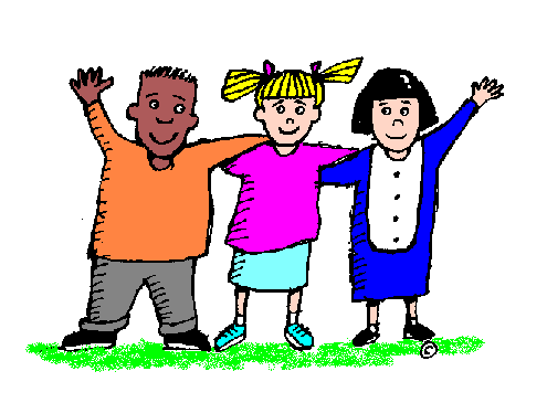 Drawing of three children in a row with their arms around the shoulder of the one beside them